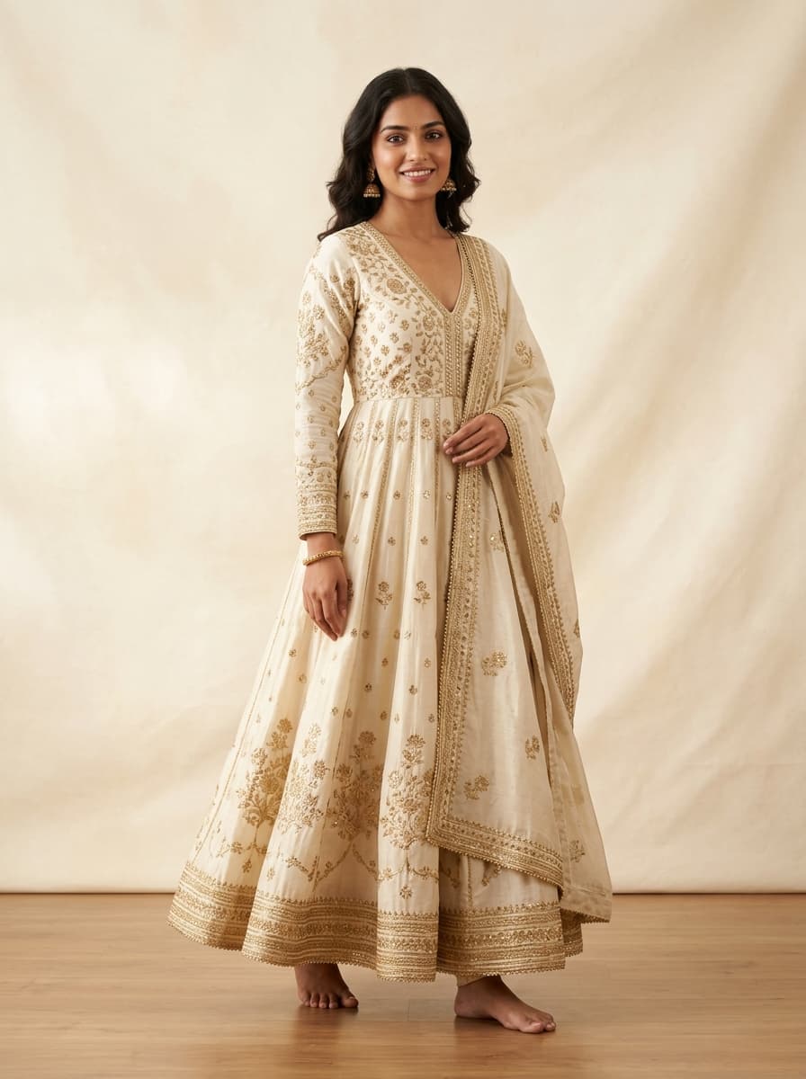 Anarkali · Ivory — on-model catalogue example generated with Zeroshoot